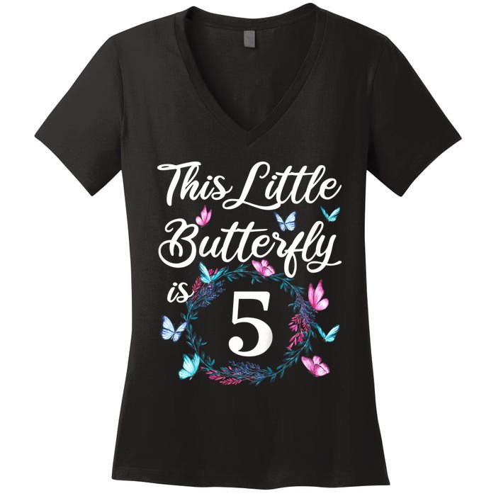 K.i.d.s 5th Birthday This Little Butterfly Is 5 Years Old Women's V-Neck T-Shirt