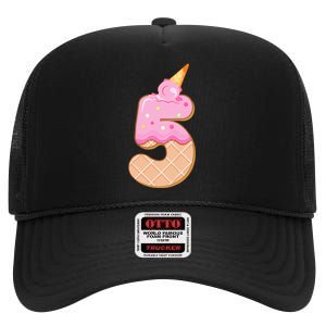 Kids 5th Birthday Girl 5 Years Ice Cream Number 5 High Crown Mesh Back Trucker Hat