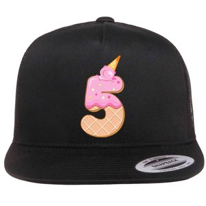 Kids 5th Birthday Girl 5 Years Ice Cream Number 5 Flat Bill Trucker Hat