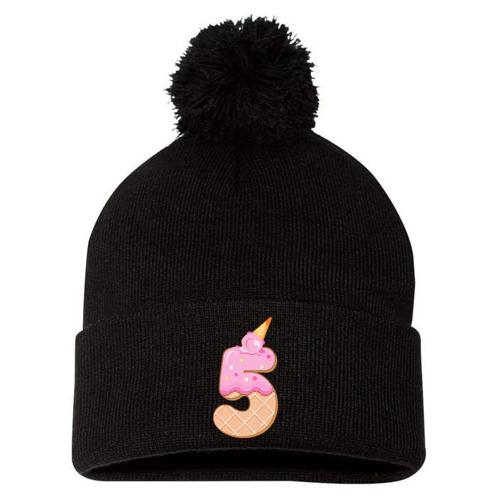 Kids 5th Birthday Girl 5 Years Ice Cream Number 5 Pom Pom 12in Knit Beanie