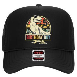 Kids 5 Year Old 5th Birthday Boy T Rex Dinosaur High Crown Mesh Back Trucker Hat