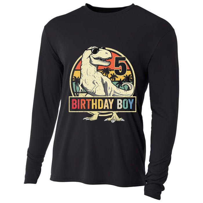 Kids 5 Year Old 5th Birthday Boy T Rex Dinosaur Cooling Performance Long Sleeve Crew