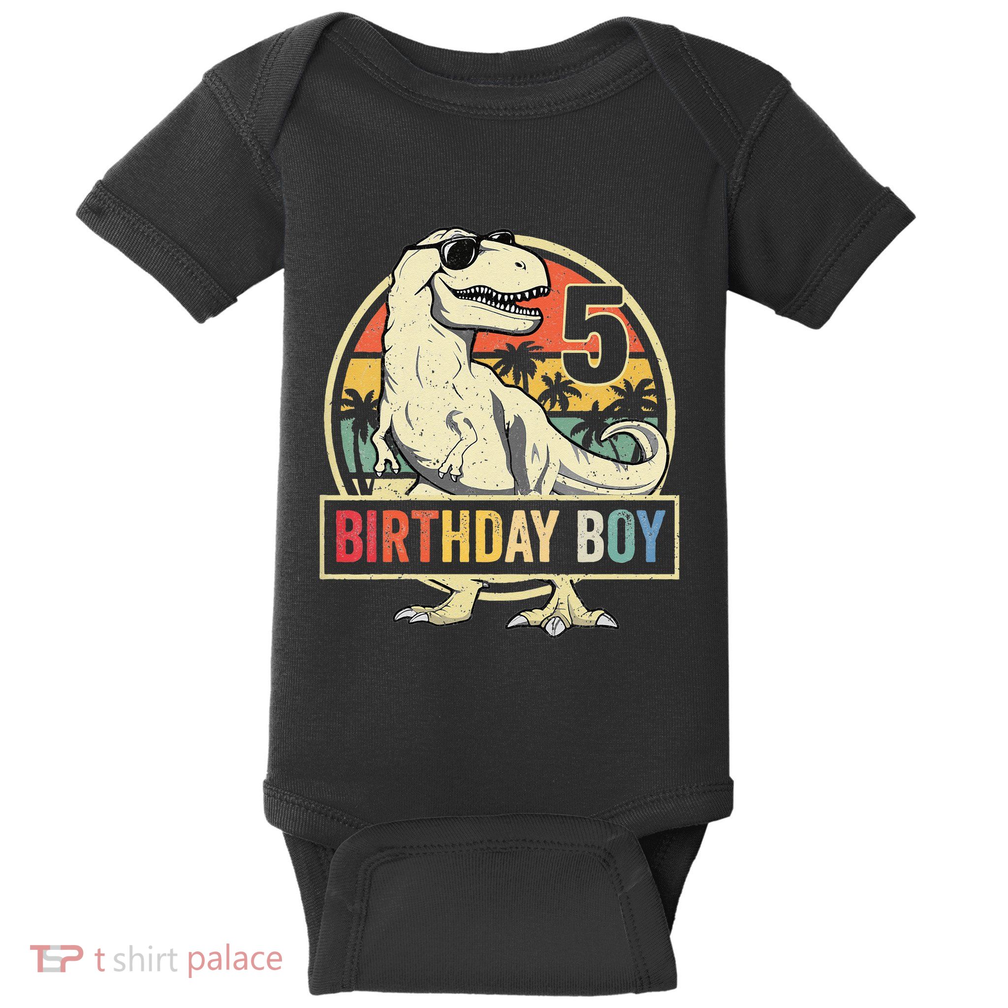 Kids 5 Year Old 5th Birthday Boy T Rex Dinosaur Baby Bodysuit