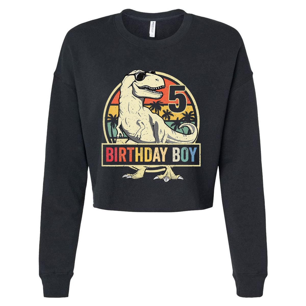 Kids 5 Year Old 5th Birthday Boy T Rex Dinosaur Cropped Pullover Crew