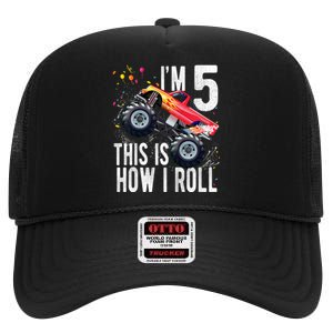 K.i.d.s 5 Year Old Shirt 5th Birthday Boy Monster Truck Car  High Crown Mesh Back Trucker Hat