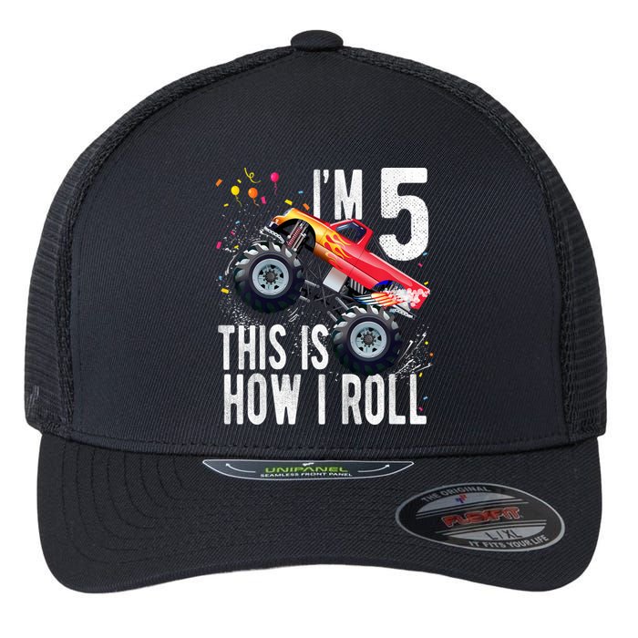 K.i.d.s 5 Year Old Shirt 5th Birthday Boy Monster Truck Car  Flexfit Unipanel Trucker Cap