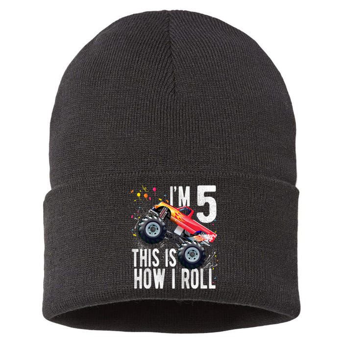 K.i.d.s 5 Year Old Shirt 5th Birthday Boy Monster Truck Car  Sustainable Knit Beanie