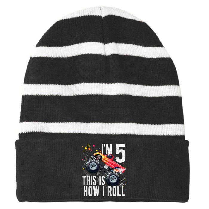 K.i.d.s 5 Year Old Shirt 5th Birthday Boy Monster Truck Car  Striped Beanie with Solid Band