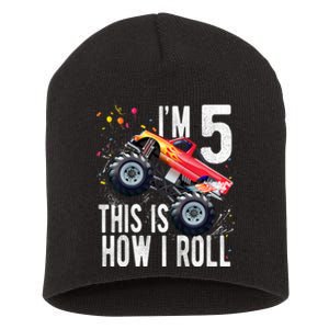 K.i.d.s 5 Year Old Shirt 5th Birthday Boy Monster Truck Car  Short Acrylic Beanie