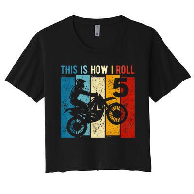 Kids 5 Year Old Birthday Boy Motocross 5th Birthday Dirt Bike Women's Crop Top Tee