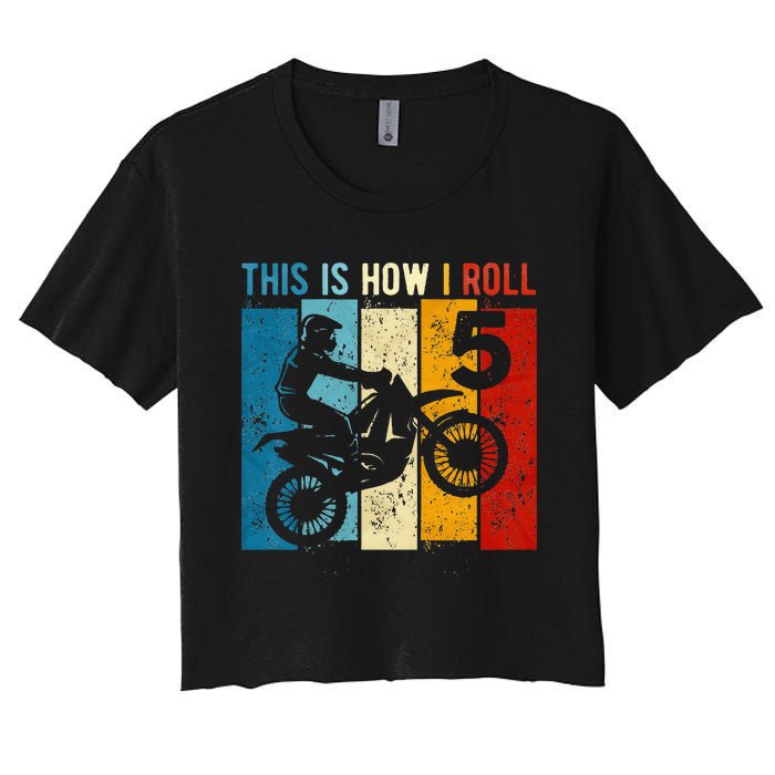 Kids 5 Year Old Birthday Boy Motocross 5th Birthday Dirt Bike Women's Crop Top Tee