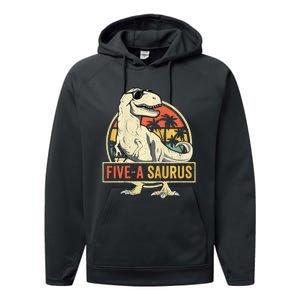 Kids 5 Year Old Dinosaur Birthday 5th T Rex Dino Five Saurus Performance Fleece Hoodie