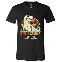 Kids 5 Year Old Dinosaur Birthday 5th T Rex Dino Five Saurus V-Neck T-Shirt