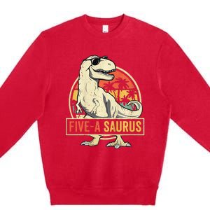 Kids 5 Year Old Dinosaur Birthday 5th T Rex Dino Five Saurus Premium Crewneck Sweatshirt