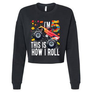 Kids 5 Year Old Building Blocks Monster Truck 5th Birthday Boy Cropped Pullover Crew