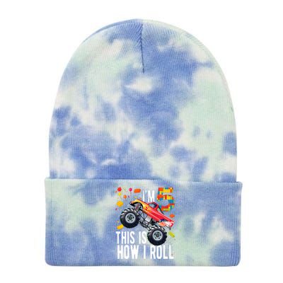 Kids 5 Year Old Building Blocks Monster Truck 5th Birthday Boy Tie Dye 12in Knit Beanie