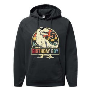 Kids 5 Year Old 5th Birthday Boy T Rex Dinosaur Performance Fleece Hoodie