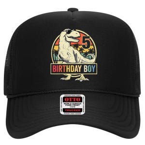 Kids 5 Year Old 5th Birthday Boy T Rex Dinosaur High Crown Mesh Back Trucker Hat