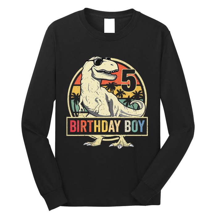 Kids 5 Year Old 5th Birthday Boy T Rex Dinosaur Long Sleeve Shirt