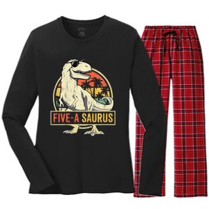 Kids 5 Year Old Dinosaur Birthday 5th T Rex Dino Five Saurus Women's Long Sleeve Flannel Pajama Set 