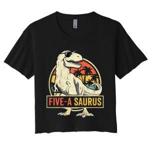 Kids 5 Year Old Dinosaur Birthday 5th T Rex Dino Five Saurus Women's Crop Top Tee