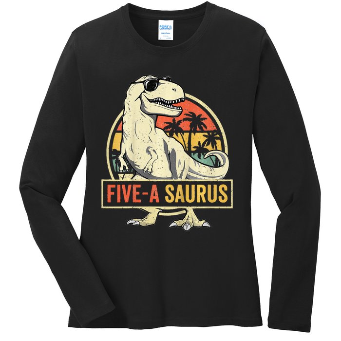 Kids 5 Year Old Dinosaur Birthday 5th T Rex Dino Five Saurus Ladies Long Sleeve Shirt