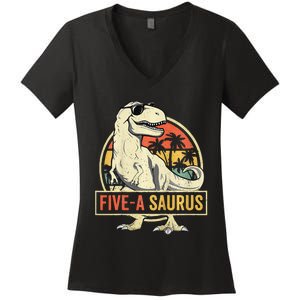 Kids 5 Year Old Dinosaur Birthday 5th T Rex Dino Five Saurus Women's V-Neck T-Shirt