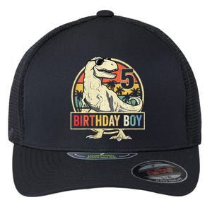 Kids 5 Year Old 5th Birthday Boy T Rex Dinosaur Flexfit Unipanel Trucker Cap