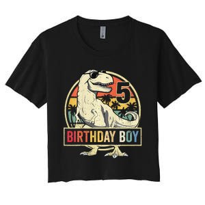 Kids 5 Year Old 5th Birthday Boy T Rex Dinosaur Women's Crop Top Tee