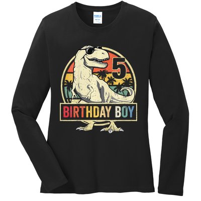 Kids 5 Year Old 5th Birthday Boy T Rex Dinosaur Ladies Long Sleeve Shirt