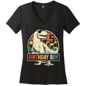 Kids 5 Year Old 5th Birthday Boy T Rex Dinosaur Women's V-Neck T-Shirt