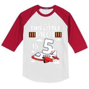 Kids 5 Year Old Boy Girl Airplane Pilot 5th Birthday Aircraft Kids Colorblock Raglan Jersey