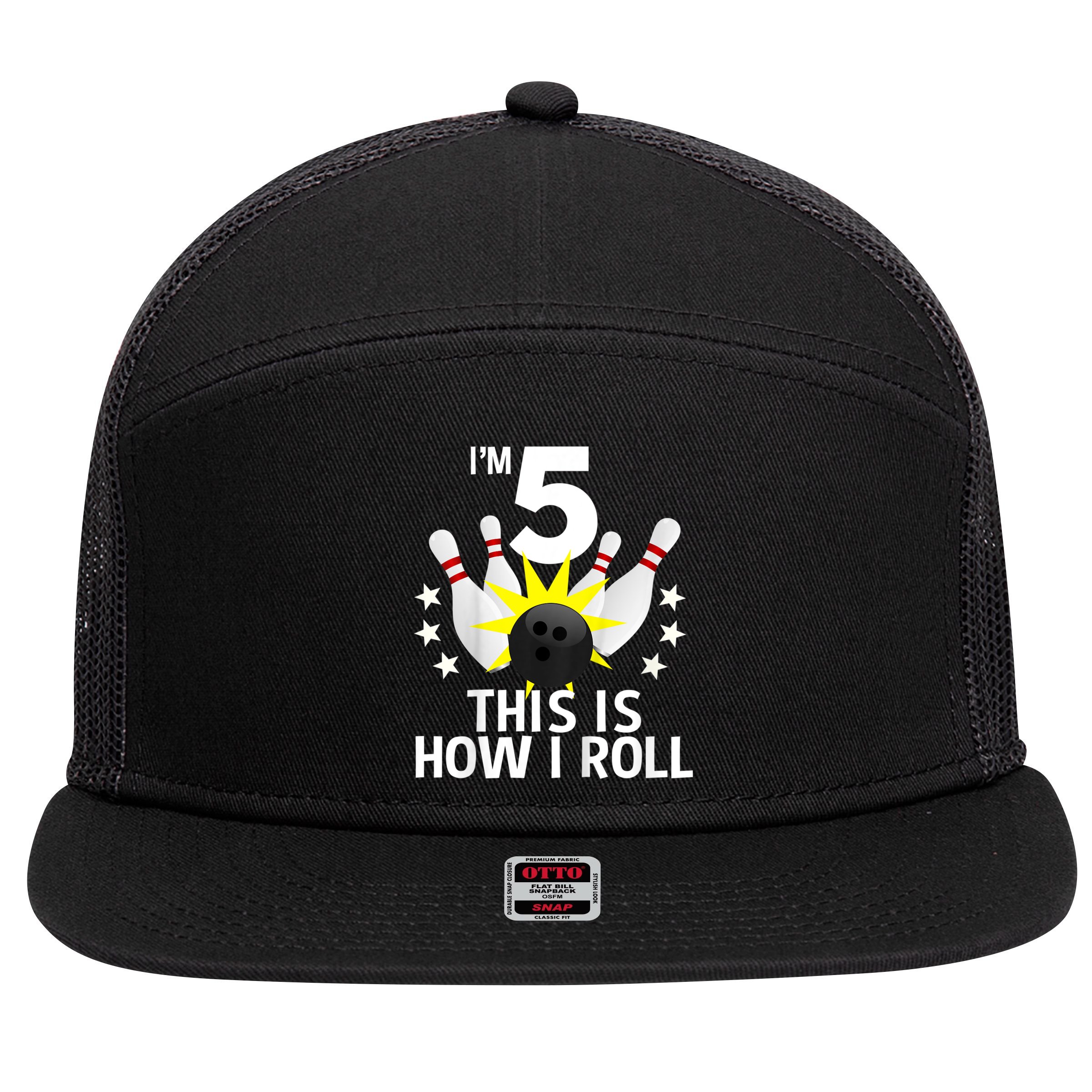 Kids 5 Year Old Bowling Birthday Party How I Roll 5th 7 Panel Mesh Trucker Snapback Hat
