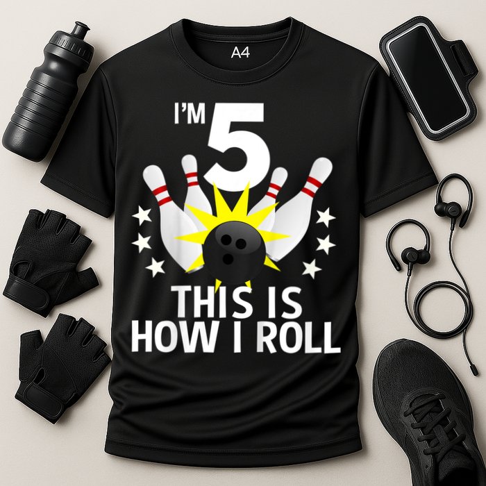 Kids 5 Year Old Bowling Birthday Party How I Roll 5th Cooling Performance Crew T-Shirt