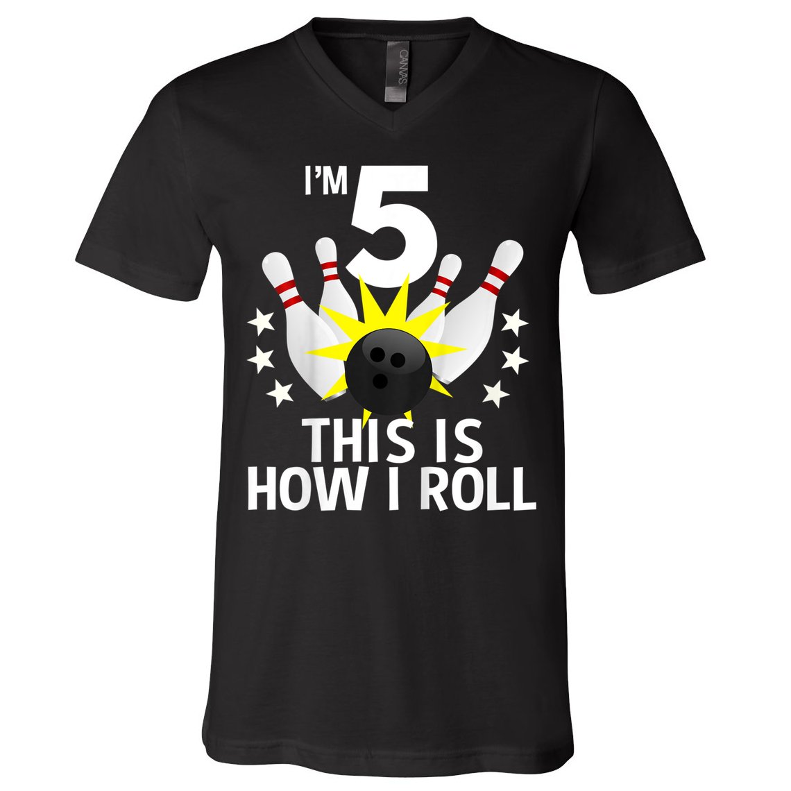 Kids 5 Year Old Bowling Birthday Party How I Roll 5th V-Neck T-Shirt
