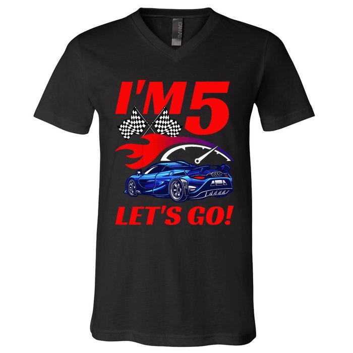 Kids 5 Year Old 5th Racing Racecar Birthday Party V-Neck T-Shirt