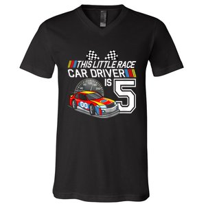 Kids 5 Year Old Race Car Birthday 5th Stock Car Racing Party V-Neck T-Shirt