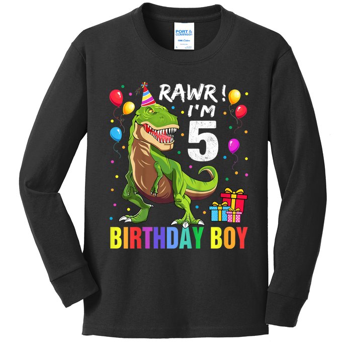 K.i.d.s 5 Year Old Shirt 5th Birthday Boy T Rex Dinosaur Shirt Kids Long Sleeve Shirt