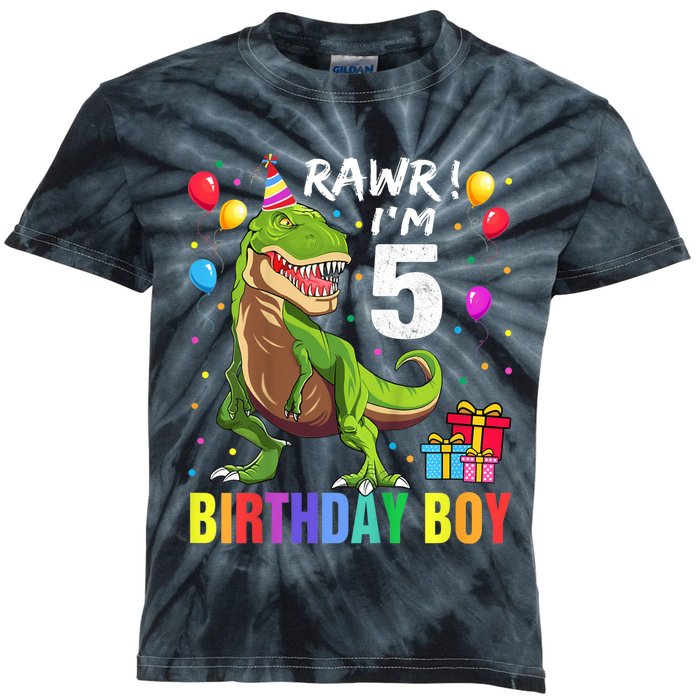 K.i.d.s 5 Year Old Shirt 5th Birthday Boy T Rex Dinosaur Shirt Kids Tie-Dye T-Shirt