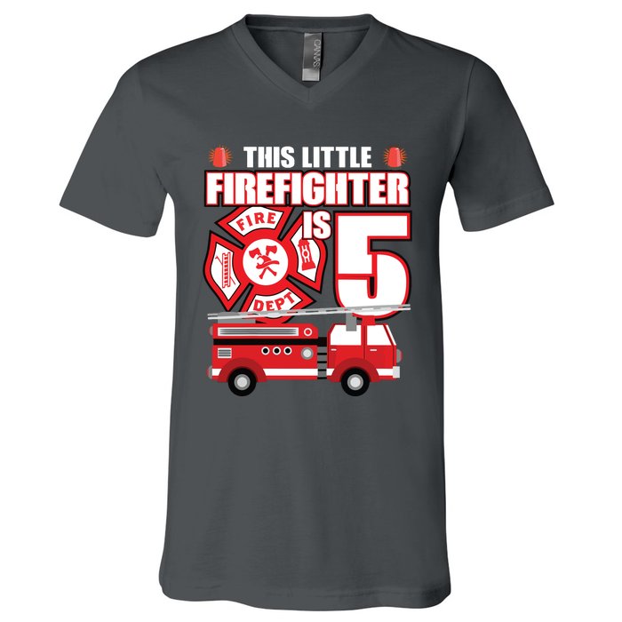 Kids 5 Year Old Firefighter Birthday Party Fire Truck 5th Gift V-Neck T-Shirt