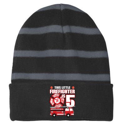 Kids 5 Year Old Firefighter Birthday Party Fire Truck 5th Gift Striped Beanie with Solid Band