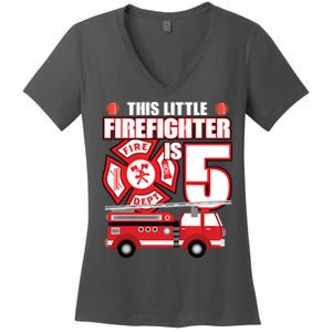 Kids 5 Year Old Firefighter Birthday Party Fire Truck 5th Gift Women's V-Neck T-Shirt