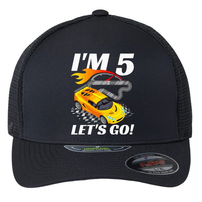 Kids 5 Year Old 5th Racing Racecar Birthday Party Flexfit Unipanel Trucker Cap