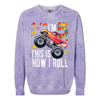 Kids 5 Year Old Building Blocks Monster Truck 5th Birthday Boy Colorblast Crewneck Sweatshirt