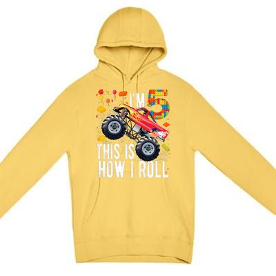 Kids 5 Year Old Building Blocks Monster Truck 5th Birthday Boy Premium Pullover Hoodie