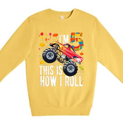 Kids 5 Year Old Building Blocks Monster Truck 5th Birthday Boy Premium Crewneck Sweatshirt