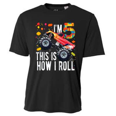 Kids 5 Year Old Building Blocks Monster Truck 5th Birthday Boy Cooling Performance Crew T-Shirt