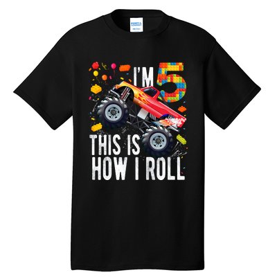 Kids 5 Year Old Building Blocks Monster Truck 5th Birthday Boy Tall T-Shirt