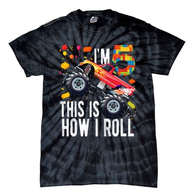 Kids 5 Year Old Building Blocks Monster Truck 5th Birthday Boy Tie-Dye T-Shirt