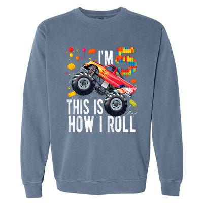 Kids 5 Year Old Building Blocks Monster Truck 5th Birthday Boy Garment-Dyed Sweatshirt